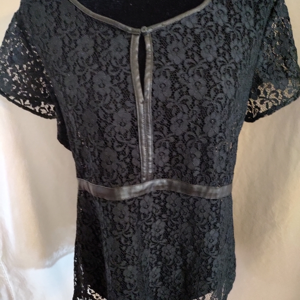 Elegant Black Harv'e Bernard Lace Women's Top, With Faux Leather Trim.